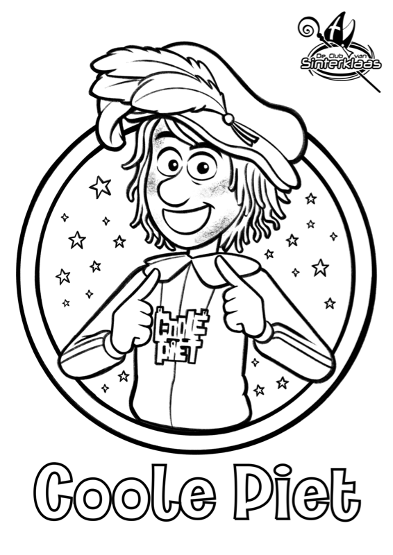 Voorbeeld van kleurplaat Coole Piet — zwart-wit lijntekening om in te kleuren