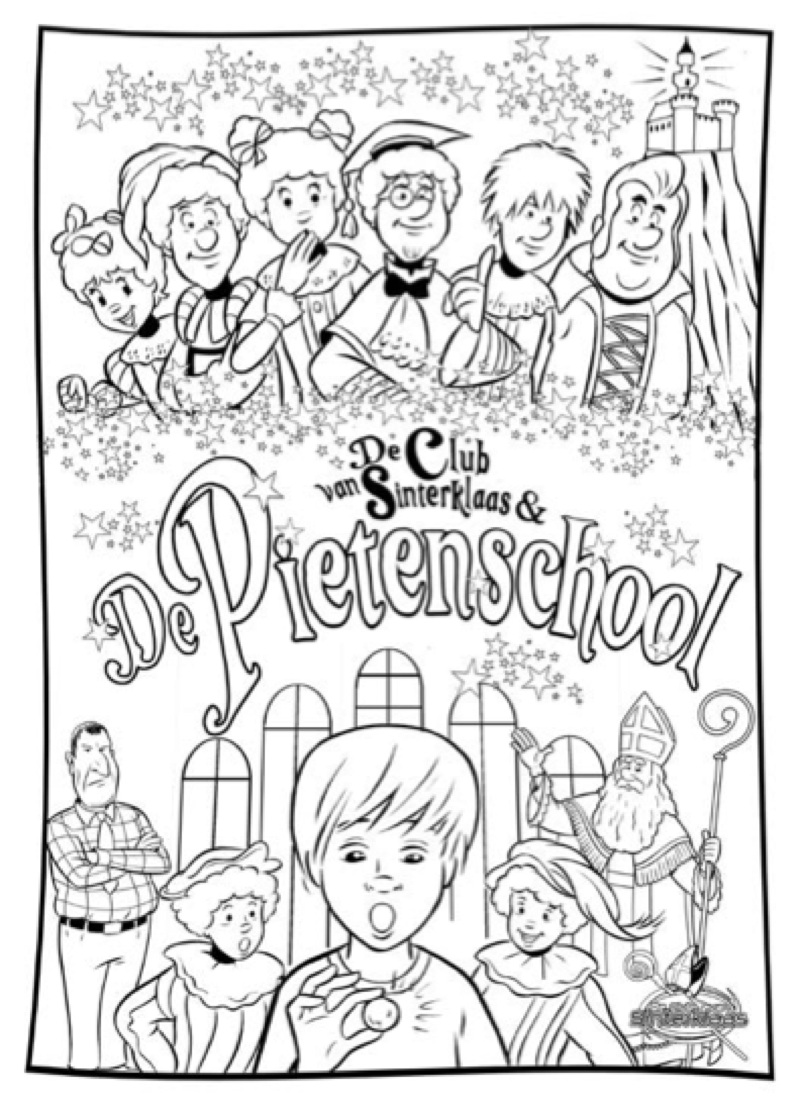Voorbeeld van kleurplaat De Pietenschool — zwart-wit lijntekening om in te kleuren