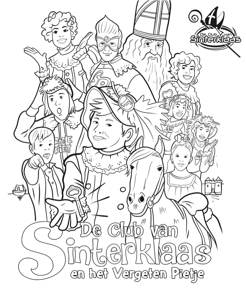 Voorbeeld van kleurplaat Het Vergeten Pietje — zwart-wit lijntekening om in te kleuren