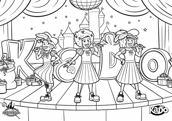 Voorbeeld van kleurplaat KADO op het podium, zwart-wit lijntekening om in te kleuren