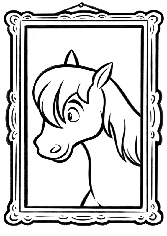 Voorbeeld van kleurplaat Pony — zwart-wit lijntekening om in te kleuren