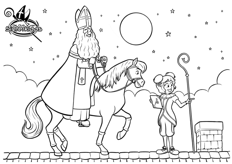 Voorbeeld van kleurplaat Sinterklaas, Ozosnel & Testpiet — zwart-wit lijntekening om in te kleuren