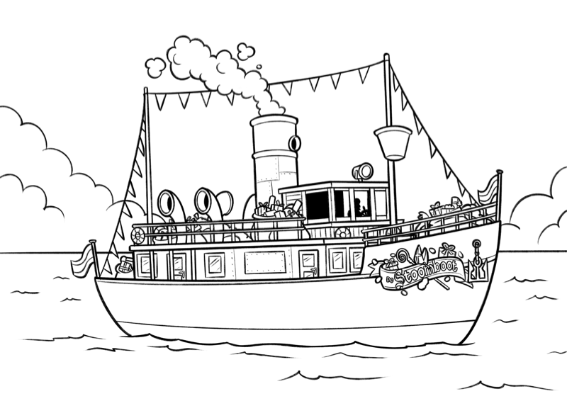 Voorbeeld van kleurplaat De Pakjesboot — zwart-wit lijntekening om in te kleuren