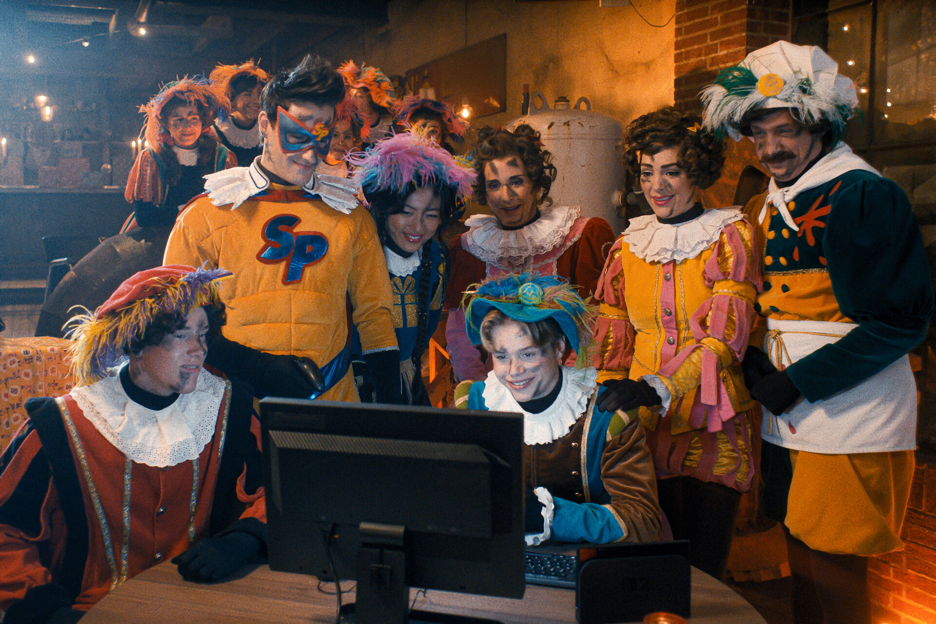 De Pieten van De Club kijken samen naar een beeldscherm in de werkkamer, met Superpiet vooraan